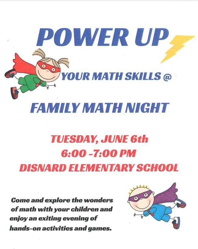 2 cartoon kids dressed as superheroes. Family Math Night is June 6th from 6-7 pm