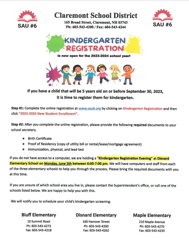 Picure of little cartoon pictures reading Kindergarten Registration