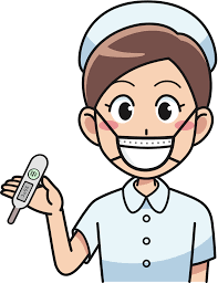 Cartoon picture of masked nurse holding thermometer