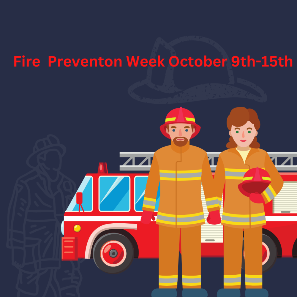 Cartoon fire truck with 2 cartoon fire people. "Fire Prevention Week October 9th-15th