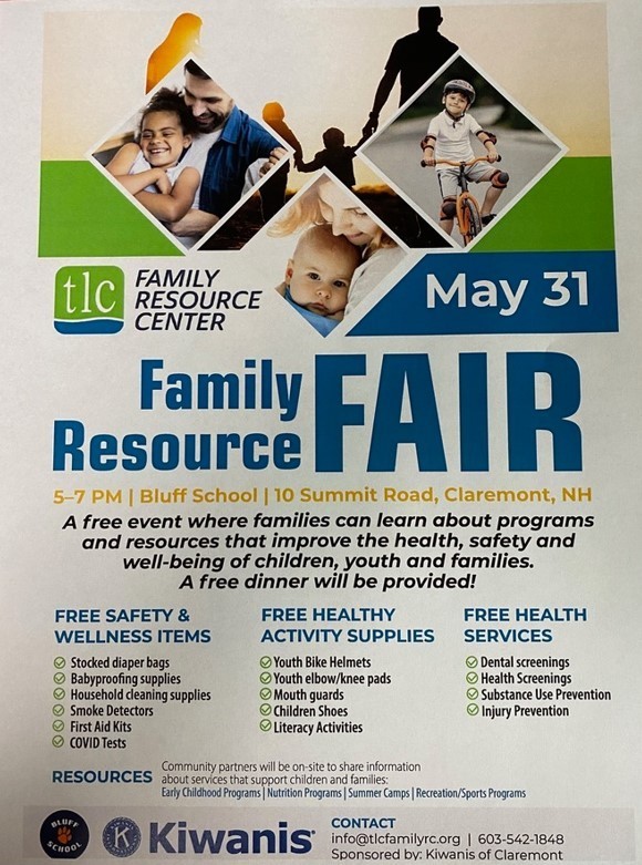 tlc Family Resource Fair flyer, picture of a family, a baby and kid riding a bike