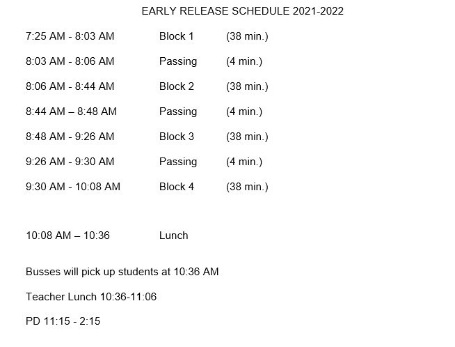 SHS Early Release Schedule