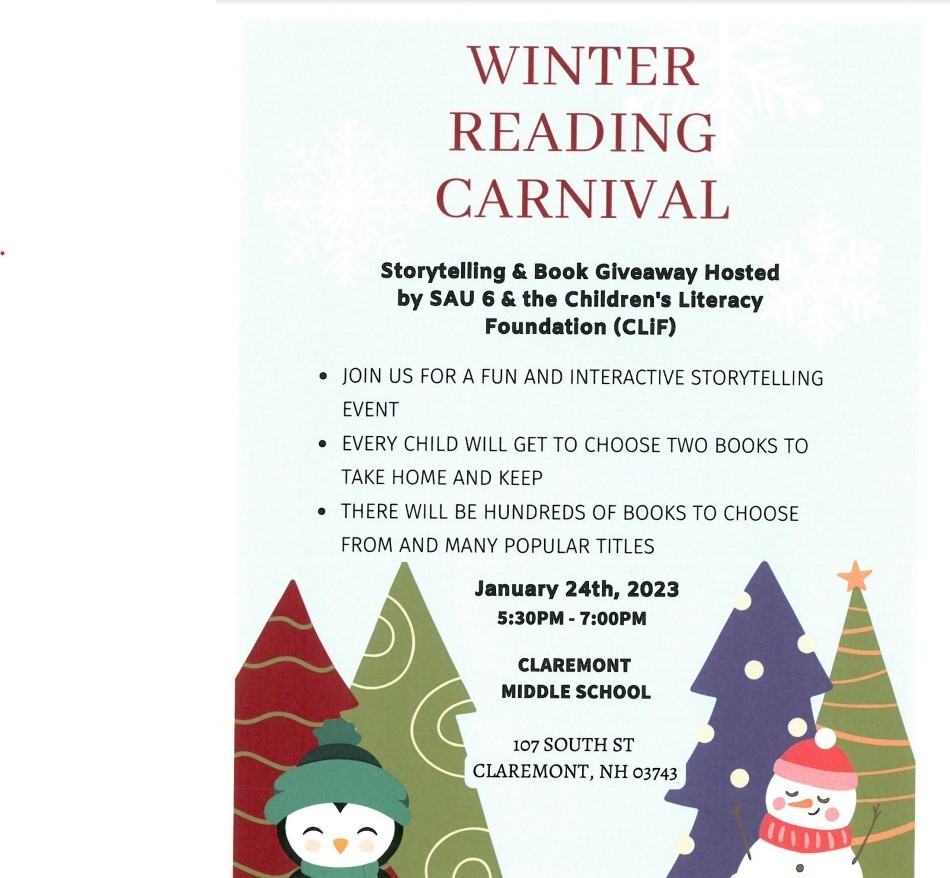 Winter Reading Carnival flyer with 2 snowmen and 4 christmas trees